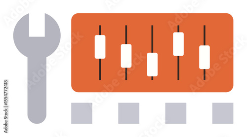 Wrench beside a mixer panel with sliders for customization and control. Ideal for audio settings, management, adjustments, optimization, engineering, maintenance, simple flat metaphor