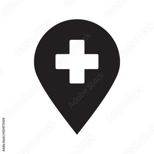 Find a clinic icon with a map pin locator and a medical plus sign for locating a hospital pharmacy or emergency health service vector solid glyph icon