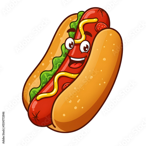 Cheerful Cartoon Hot Dog with Mustard, Ketchup, and Green Relish Smiling