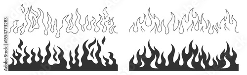 Seamless pattern silhouette flame or fire set, tribal tattoo ornament collection, fire flames vector icons and clipart, retro decoration design elements illustration on transparent background