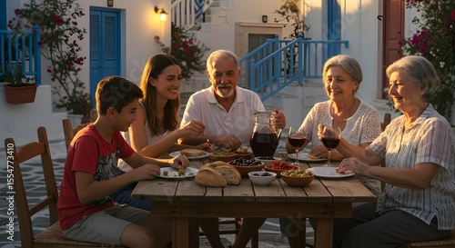 Greek family enjoying outdoor dinner with olives, bread, and wine in a rustic village – Mediterranean lifestyle.