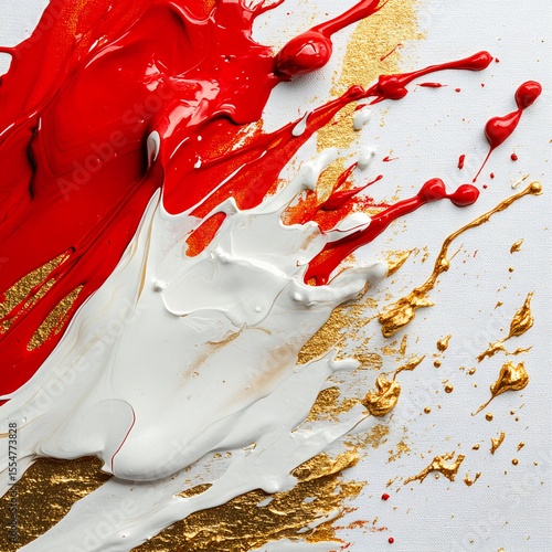 Abstract art with red, white, and gold paint strokes. Generative AI
