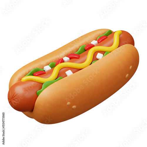Delicious 3D Rendered Hot Dog with Mustard and Relish