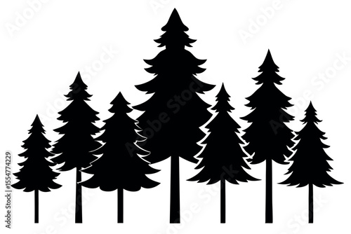 Silhouette Collection of Pine and Fir Trees in Natural Forest Scenery