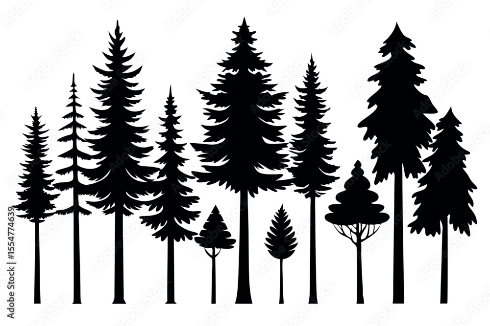 Fototapeta premium Pine Tree Silhouette Collection Isolated on White Background – Vector Set