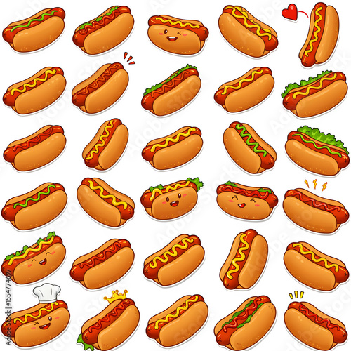 Cute Cartoon Hot Dog Stickers Pattern with Various Toppings