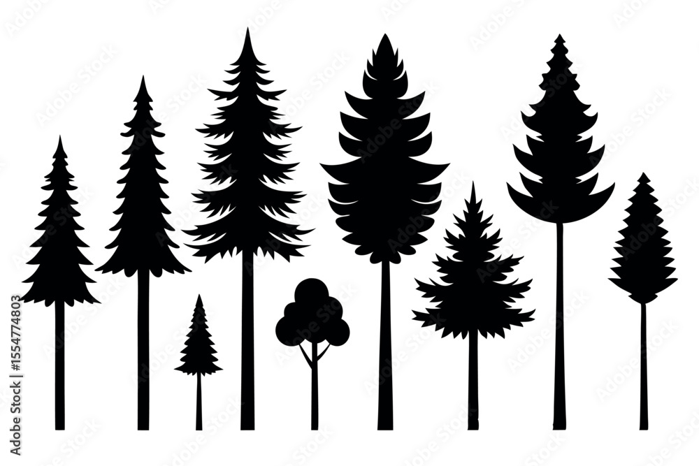 Fototapeta premium Pine Tree Silhouette Collection Isolated on White Background – Vector Set