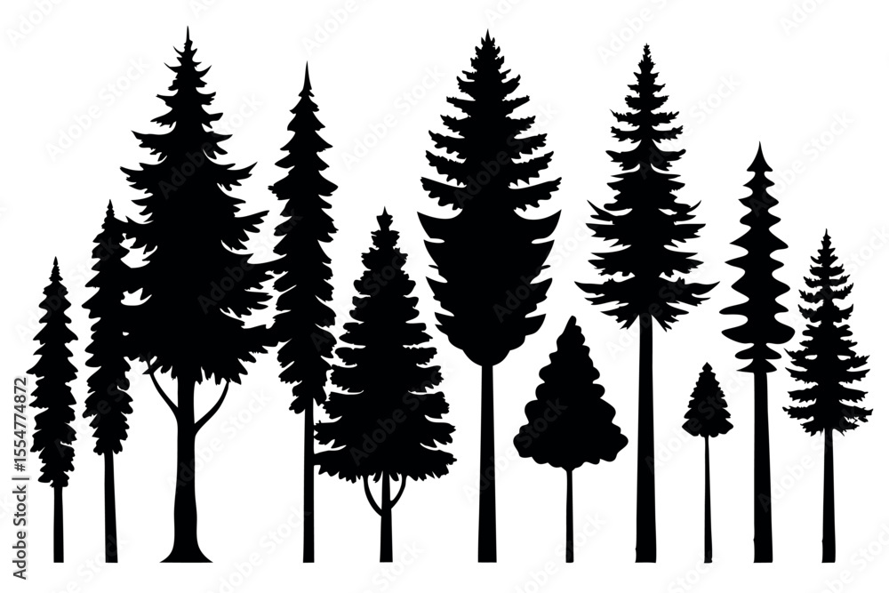Fototapeta premium Pine Tree Silhouette Collection Isolated on White Background – Vector Set
