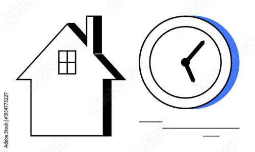 Minimalist house icon paired with a clock symbolizing time management, work-life balance, scheduling, productivity, remote work, efficiency, and deadlines. Ideal for simple flat metaphor