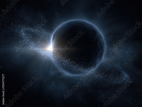 Dark planet in space with bright light and cosmic dust A celestial body surrounded by stardust