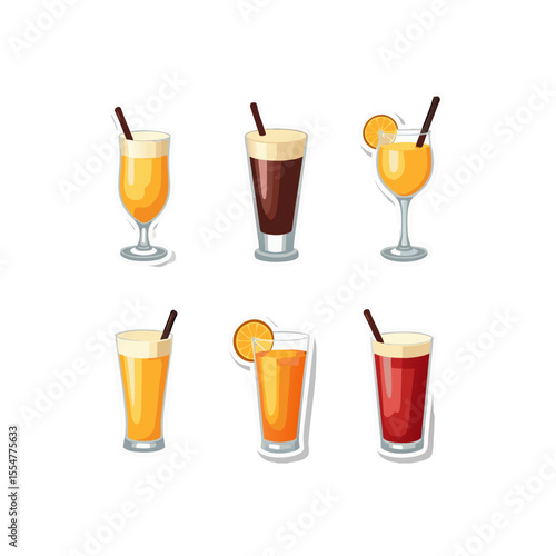 Assortment of colorful cocktail drinks with straws and fruit garnishes in a vector illustration format for design projects
