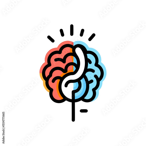 Brain hemispheres in red and blue with black outline showcasing analytical and creative thought processes, representing cognitive function and mental acuity