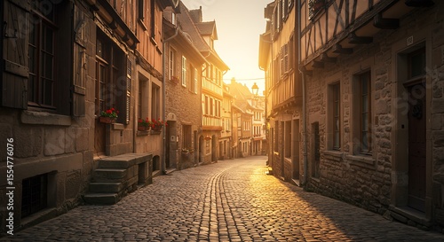 A cobblestone alley winds through the medieval architecture of an old European town at night