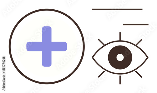 Blue plus sign in a circle alongside a geometric eye icon with lines, depicting health, vision. Ideal for eye care, medical services, health focus, positivity, wellness, symbols and visual