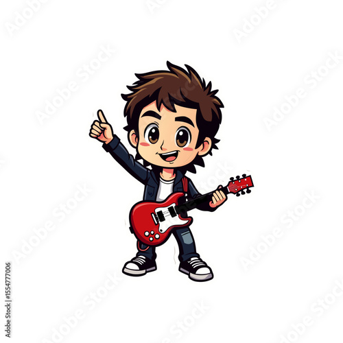 Cheerful cartoon boy musician giving a thumbs up while holding a red electric guitar, standing on a white background