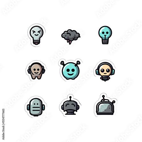 Collection of whimsical cartoon stickers featuring robots, light bulbs, and a brain cloud in a playful arrangement for creative projects