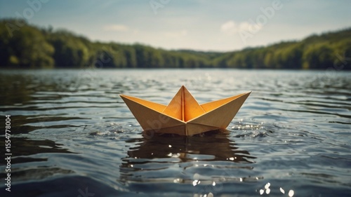 Old wooden fishing boat calmly reflects on the summer lake under a vast sky, a true nature travel landscape