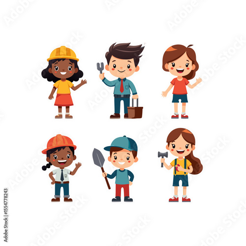 Diverse group of cheerful kids dressed in various professional outfits representing different occupations and careers in vector design