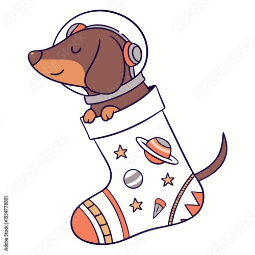 Cosmic Pastels colored Dachshund with a Peaceful touch, placed in a Space explorer theme and styled with snuggled in a sock