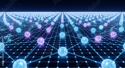 Abstract Network Glowing Spheres Connected in a Grid Pattern