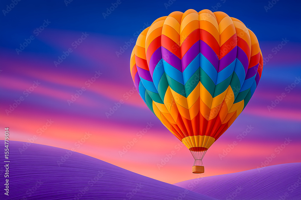 Fototapeta premium Hot air balloon ascends in vibrant colors against twilight sky transitioning from blue to warm pinks. Landscape features rolling hills providing serene backdrop