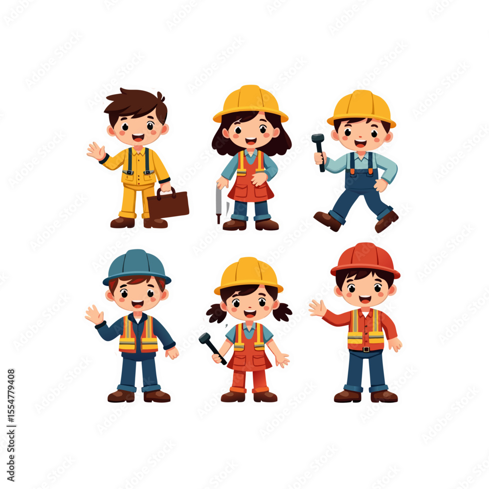 Group of cheerful cartoon children dressed as construction workers and engineers with tools, smiling and ready to build a better future Group of cheerful cartoon children dressed as construction workers and engineers with tools, smiling and ready to build a better future