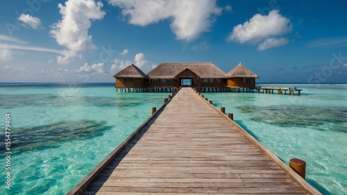 A tropical paradise in the Maldives, where luxurious bungalows meet crystal-clear ocean water and a serene beach under an endless sky, perfect for a dream island vacation