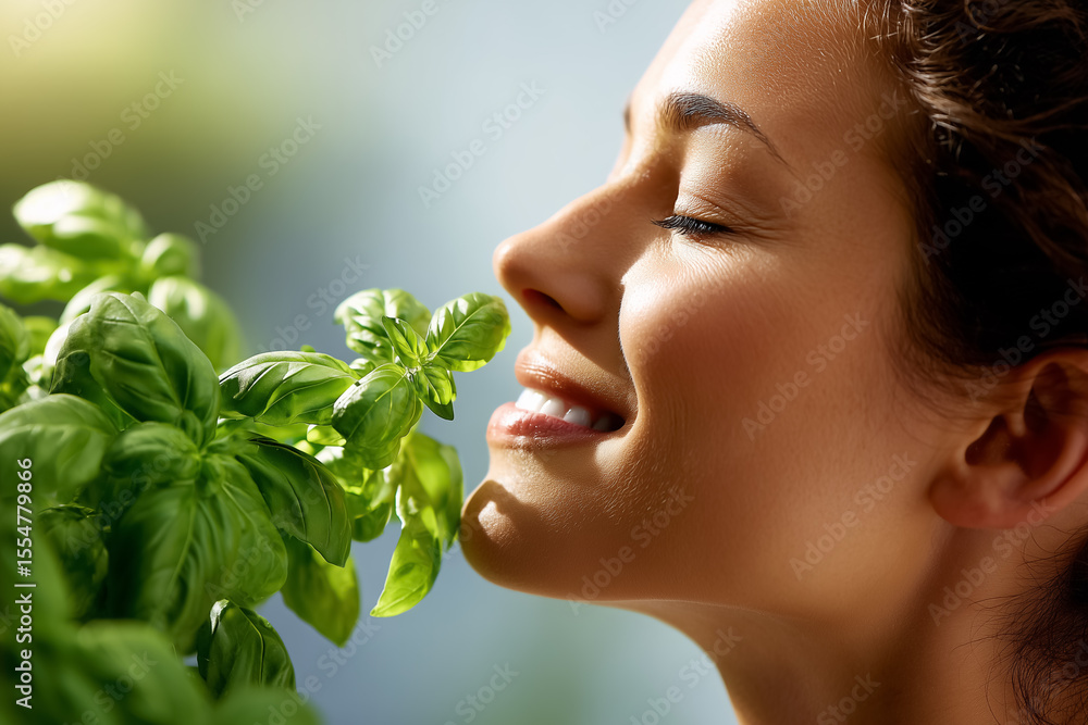 Woman with closed eyes and smiling expression inhales aroma of fresh basil leaves in a garden. Gentle morning sunlight illuminates the scene. Concept of wellness, gardening, culinary herbs Woman with closed eyes and smiling expression inhales aroma of fresh basil leaves in a garden. Gentle morning sunlight illuminates the scene. Concept of wellness, gardening, culinary herbs