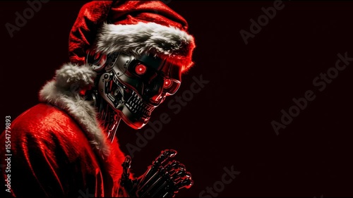 evil scary robot with red eyes wearing santa clause costume