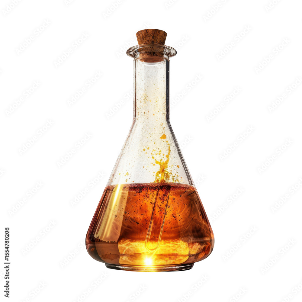 Glass laboratory flask filled with vibrant amber liquid, showcasing bubbles and cork stopper, evokes sense of scientific discovery Glass laboratory flask filled with vibrant amber liquid, showcasing bubbles and cork stopper, evokes sense of scientific discovery