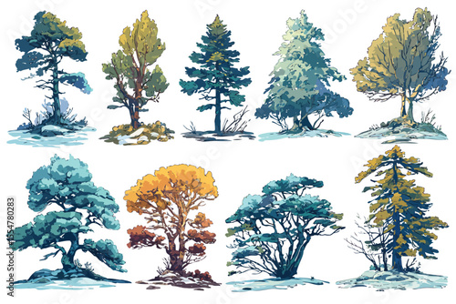 tundra trees set graphic isolated