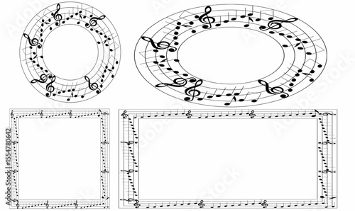 set vector illustration of  music themed frames. circular,round, oval, and rectangular, decorated with musical notes, clefs, and staffs. Ideal for text, design,posters, invites, and album art.
