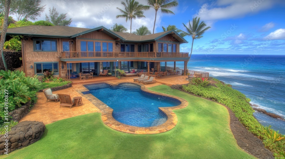 Obraz premium Luxurious oceanfront home with pool and deck.
