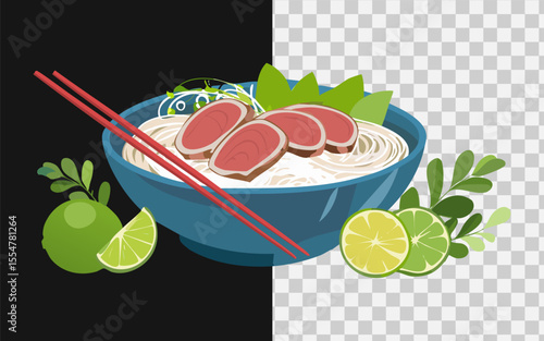 Vietnamese pho with beef slices, fresh herbs, bean sprouts, and lime wedges in a steaming bowl, street food vibe