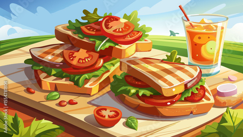Crispy bacon slices rest between layers of fresh lettuce and juicy tomato, all tucked inside two slices of toasted sourdough. The edges of the toast are golden and slightly charred, with tiny bacon 