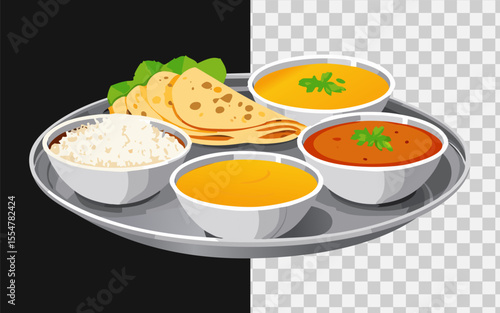 Indian thali with small bowls of curry, dal, naan, rice, and chutney on a traditional metal platter, top-down view