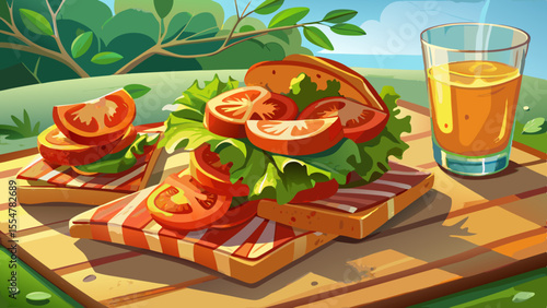 Crispy bacon slices rest between layers of fresh lettuce and juicy tomato, all tucked inside two slices of toasted sourdough. The edges of the toast are golden and slightly charred, with tiny bacon 