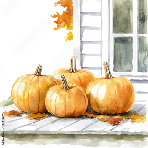Golden Pumpkins On Porch, watercolor vector, isolated on a white background.