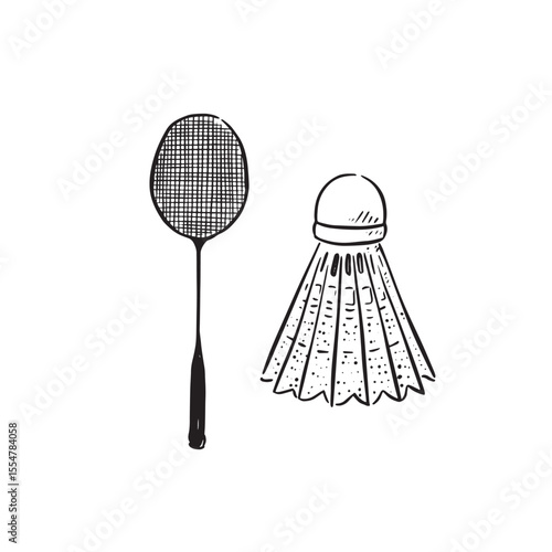 Badminton equipment hand drawn in black and white. Badminton racket and shuttlecock.