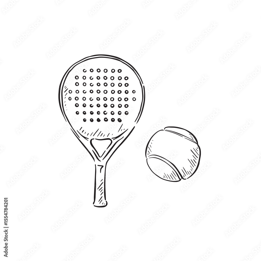 Fototapeta premium Padel racket and ball hand drawn in black and white. 