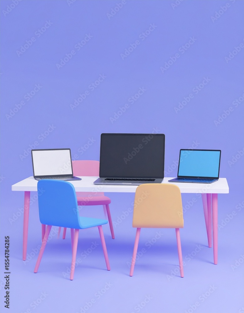 Fototapeta premium Reskill concept: Multi-device learning for reskill, vibrant workspace.