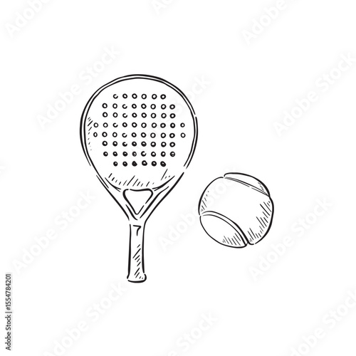 Padel racket and ball hand drawn in black and white. 