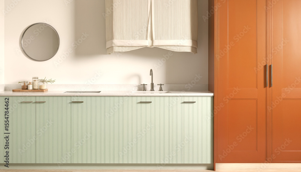Fototapeta premium Modern Kitchen Interior with Pastel Green Fluted Cabinets and Tall Terracotta Pantry