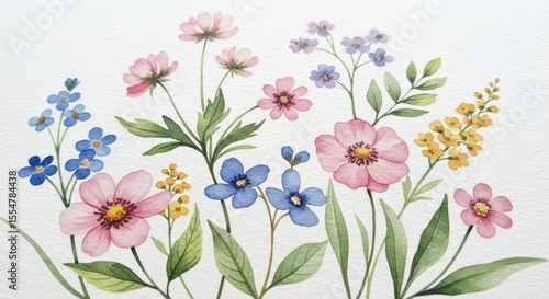 Wallpaper Mural Watercolor painting featuring a variety of colorful flowers and green leaves on a white background Torontodigital.ca