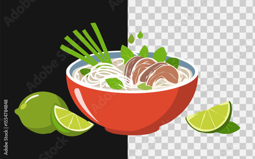 Vietnamese pho with beef slices, fresh herbs, bean sprouts, and lime wedges in a steaming bowl, street food vibe