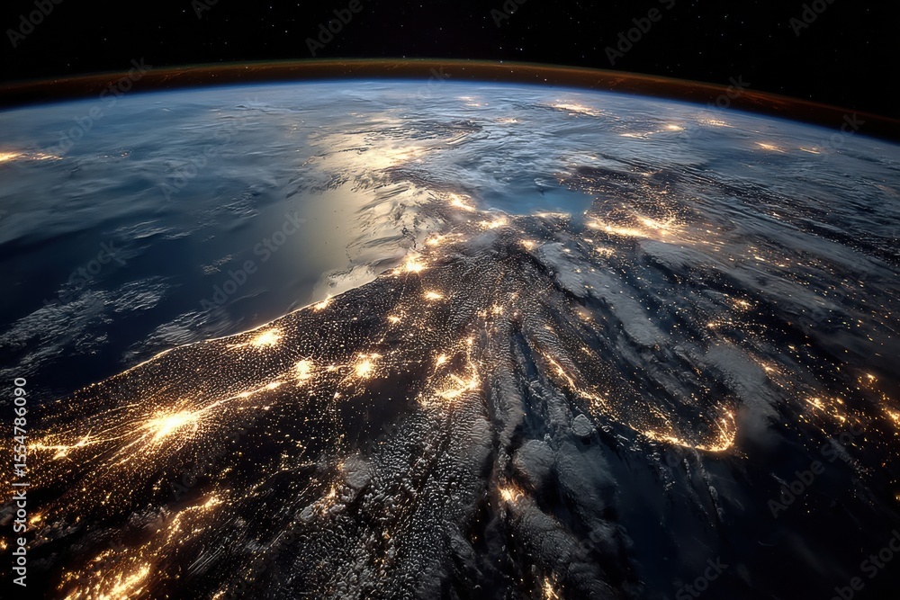 Obraz premium An aerial perspective of Earth at night reveals sparkling city lights over land and shimmering water against a dark backdrop of space