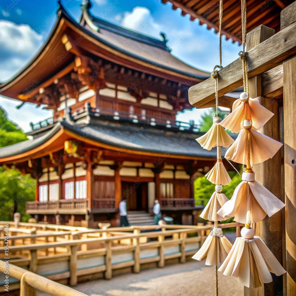 Obraz premium ceremonial omikuji with wooden architecture in background