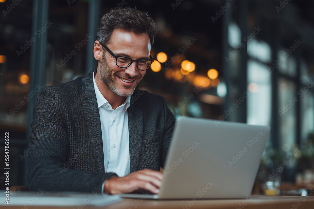 Fototapeta premium A man is sitting at a table with a laptop in front of him
