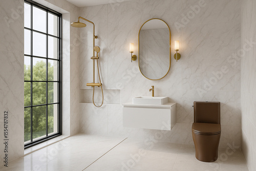 Classic beige marble bathroom with gold rain shower, brown modern toilet, elegant gold sconces, luxurious neutral palette, polished tiles and timeless design, photorealistic 4K render interior