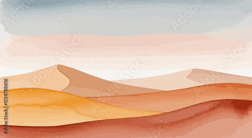 A minimalist watercolor depiction of a desert landscape with soft sand dunes and warm, earthy tones, ideal for stylish boho and neutral-themed interiors.